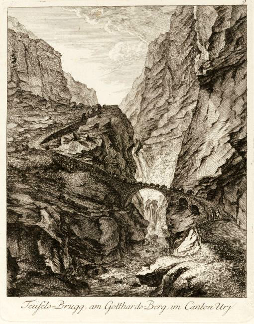 La gola di Schllenen con il leggendario Ponte del Diavolo nel 1775. Johann Jakob Keller