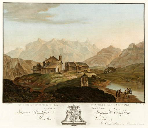 Passo del Gottardo con ospizio e lago;  al centro del testo: stemma papale coronato dalla tiara;  Colore incisione su rame, 1788