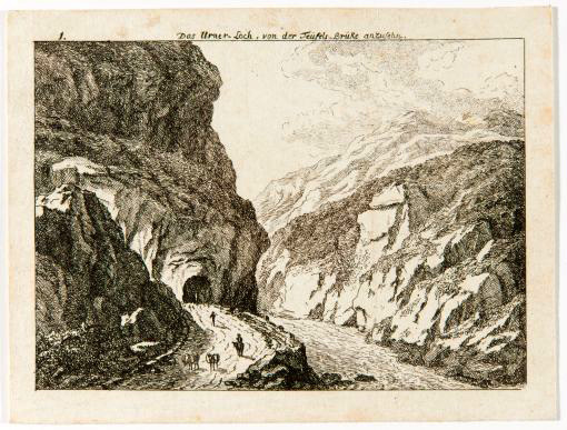 L'Urnerloch vicino ad Andermatt di Salomon Gessner, 1781. Il tunnel lungo 64 metri fu costruito nel 1707/1708 in undici mesi.   il primo tunnel su una strada alpina.  I costi di costruzione erano quasi il doppio del previsto.