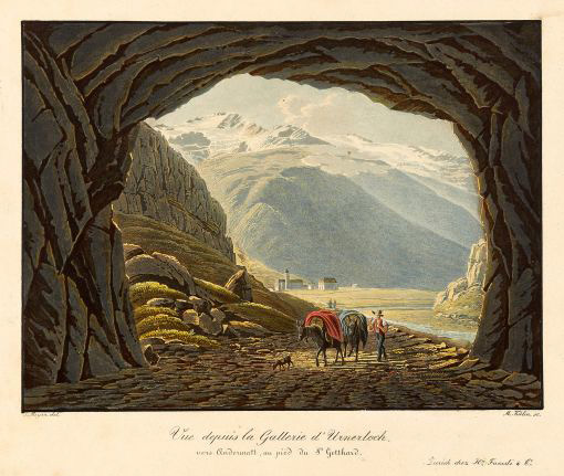 Vista dall'Urnerloch verso Andermatt, disegnata e incisa da M. Klin e J. Suter, acquatinta colorata, 1833
